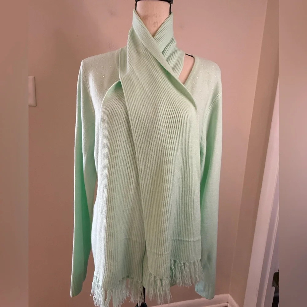 Rebecca Malone mint green pearl bead sweater & detachable fringe scarf SZ LG - Picture 1 of 13